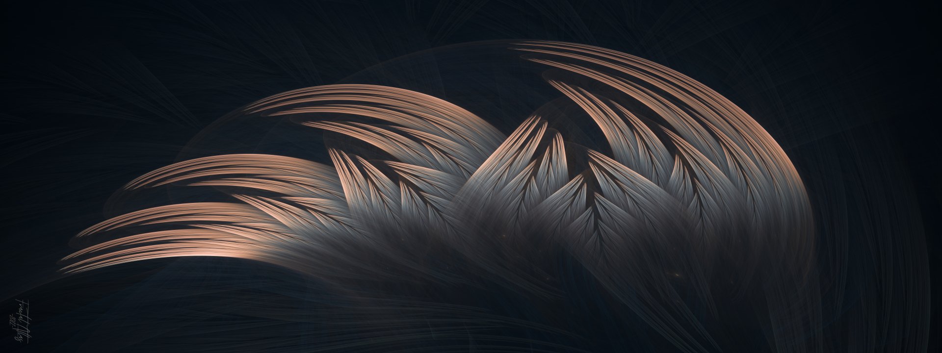 Abstract shapes with flowing, feather-like strokes in soft gold against a dark background, designed as a 4K Ultra HD PC desktop wallpaper and background.