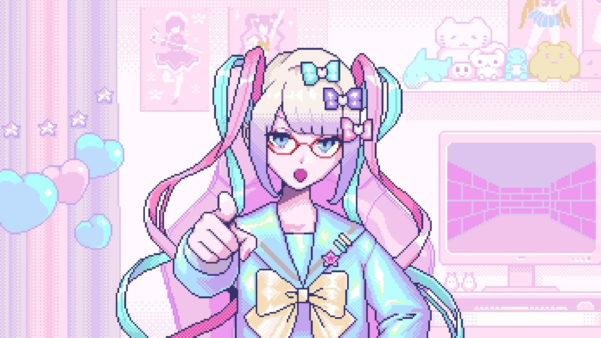 HD PC desktop wallpaper featuring OMGkawaiiAngel-chan from the video game NEEDY GIRL OVERDOSE in a pastel, colorful anime style.