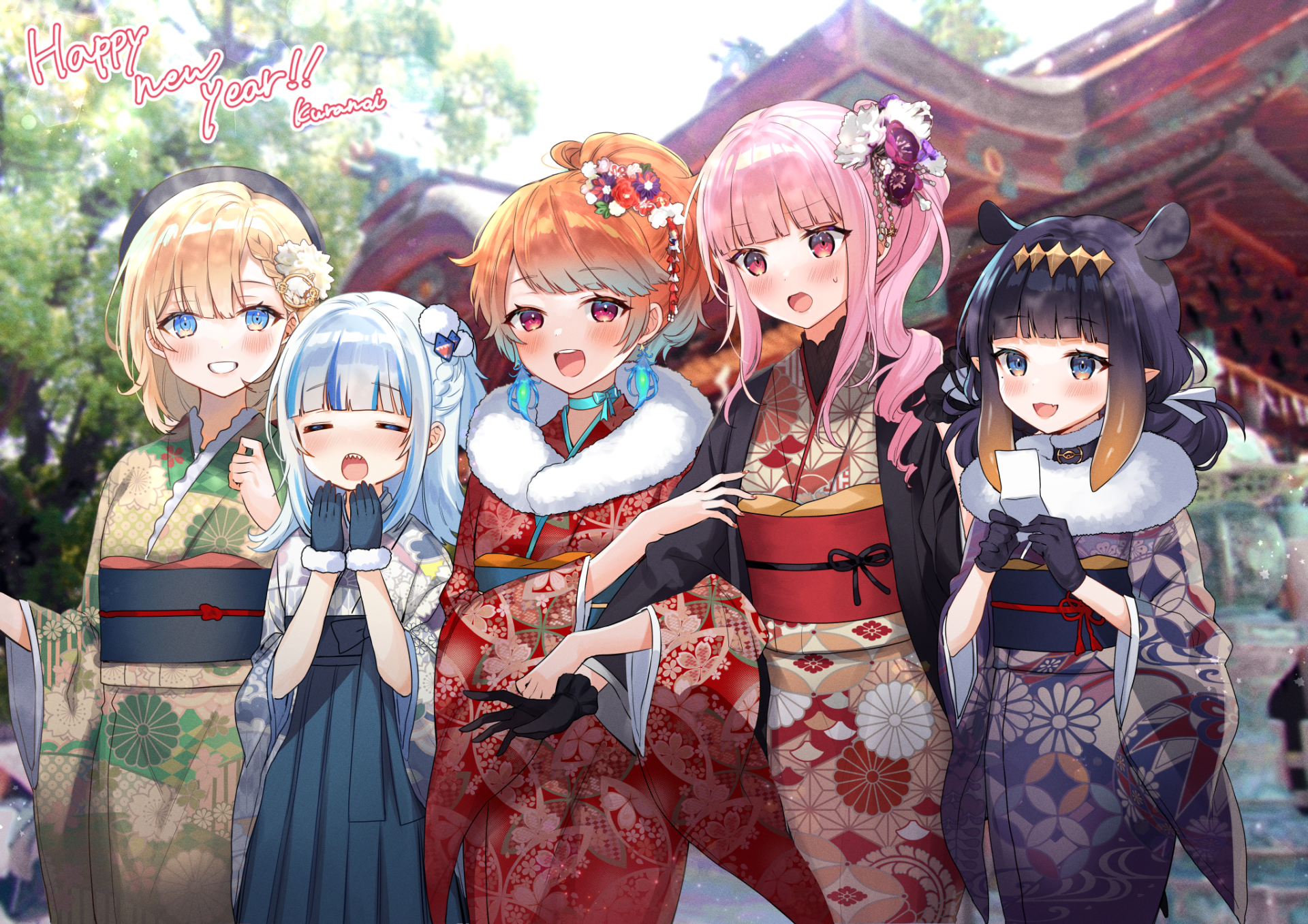 HD PC desktop wallpaper background of hololive anime VTubers Watson Amelia, Takanashi Kiara, Ninomae Ina'nis, Mori Calliope and Gawr Gura in colorful kimonos at a shrine.