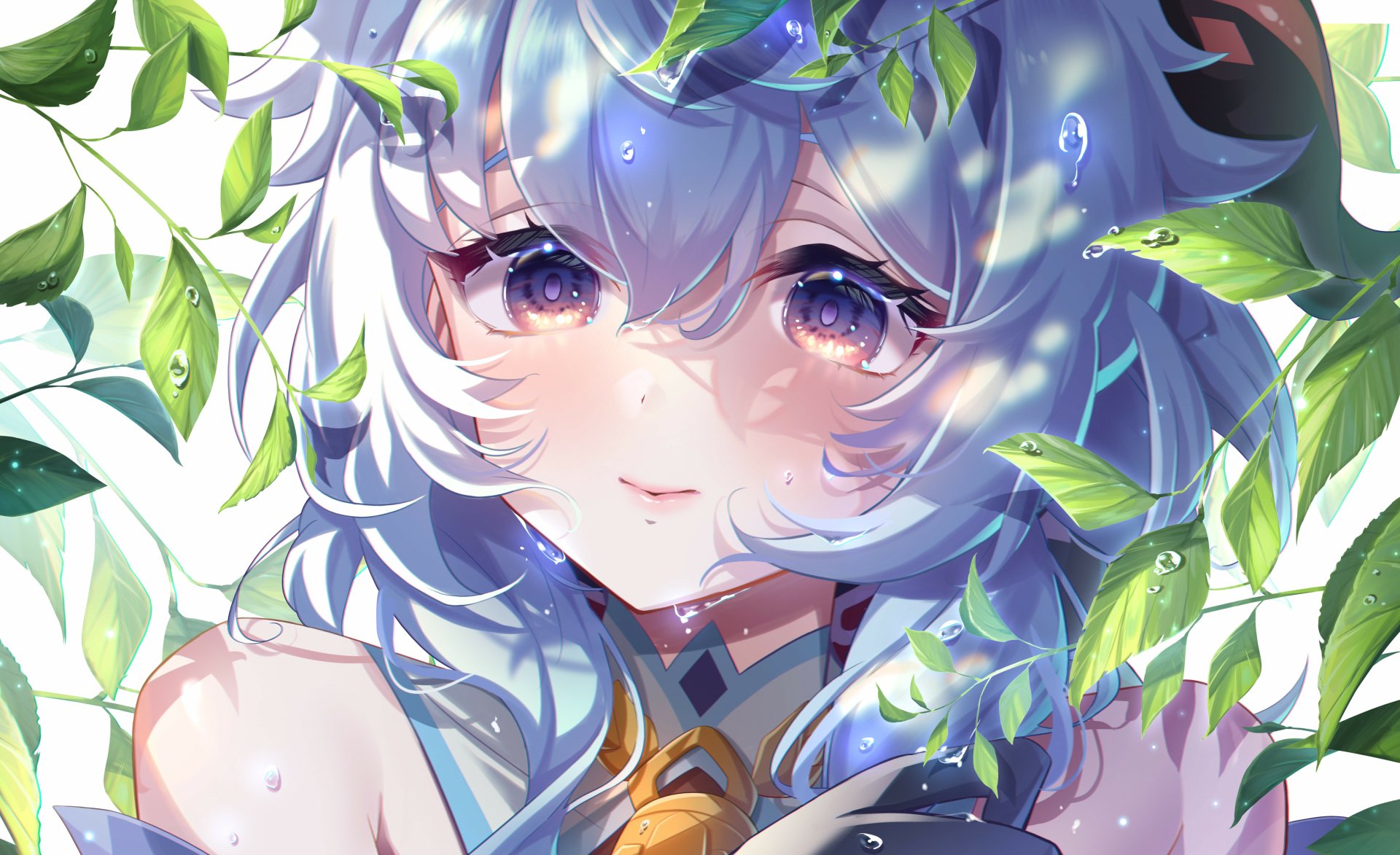 4K Ultra HD PC desktop wallpaper featuring Ganyu from the video game Genshin Impact, surrounded by green leaves and water droplets in a vibrant, detailed style.