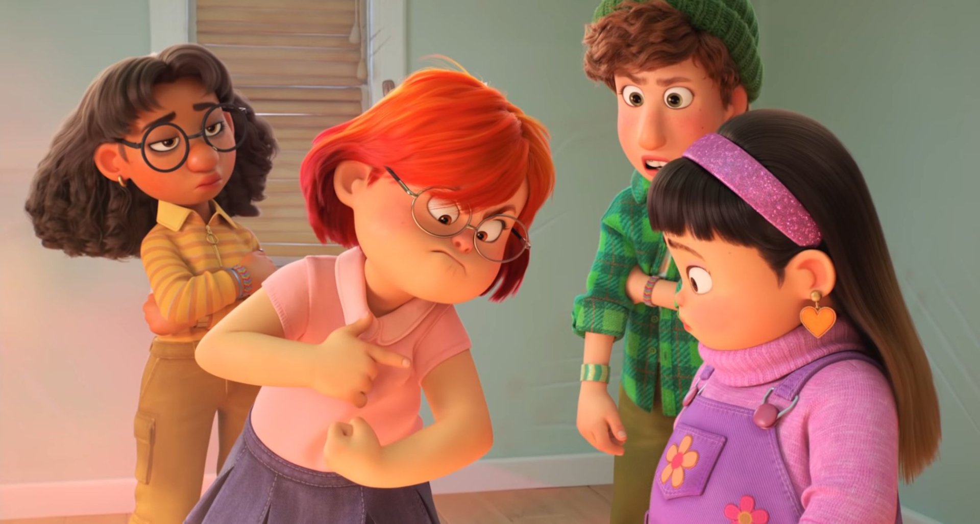Movie Turning Red — HD PC Desktop Wallpaper and Background: animated teens in a bedroom; red-haired girl angrily pokes her chest while three friends watch.