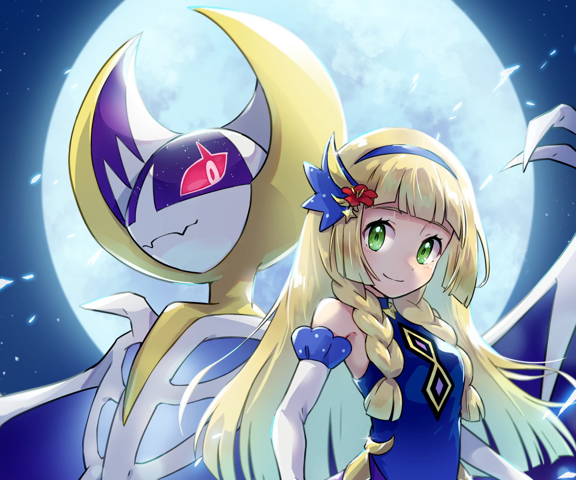 HD PC desktop wallpaper of Lillie from Pokémon: Sun and Moon standing with the Legendary Lunala against a glowing moonlit sky — anime-style video game artwork.