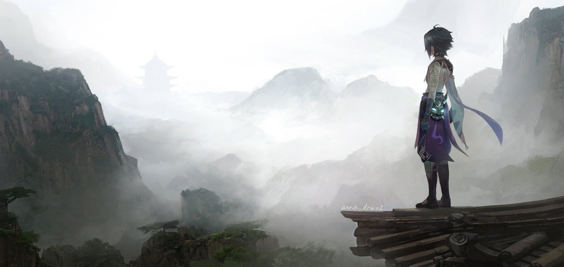 Xiao from Genshin Impact stands on a cliff, gazing at a misty landscape. This HD wallpaper captures the enchanting atmosphere of the video game.