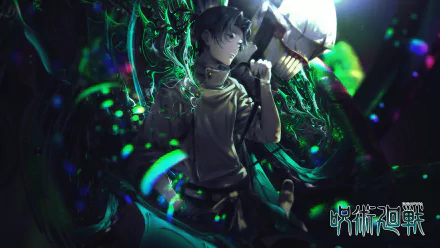 HD PC desktop wallpaper featuring Yuta Okkotsu from the anime Jujutsu Kaisen, depicted with dark, glowing green energy and a menacing spirit behind him.