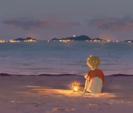 Dream SMP video game fan art: a blond character sits on a sandy shore at dusk holding a glowing lantern, serene HD PC desktop wallpaper.