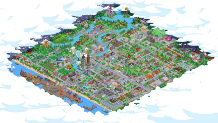 4K Ultra HD PC desktop wallpaper showcasing an isometric view of Springfield from The Simpsons TV show, filled with iconic landmarks and vibrant neighborhoods.