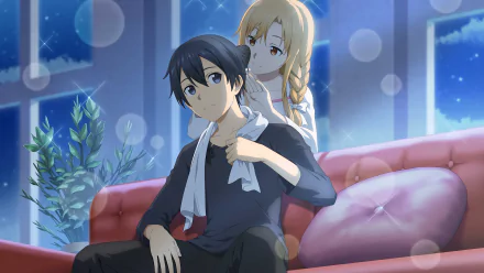 HD desktop wallpaper featuring Kirito and Asuna Yuuki from the anime Sword Art Online, depicted in a serene indoor setting with soft blue lighting.