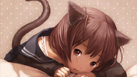 HD anime girl desktop wallpaper featuring a cute cat girl with brown hair, cat ears, and a tail resting on a soft surface against a polka-dotted background.