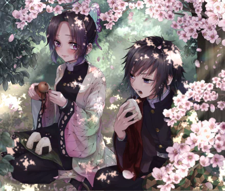 HD anime desktop wallpaper featuring Giyuu Tomioka and Shinobu Kochou from Demon Slayer: Kimetsu no Yaiba, surrounded by cherry blossoms and soft sunlight.