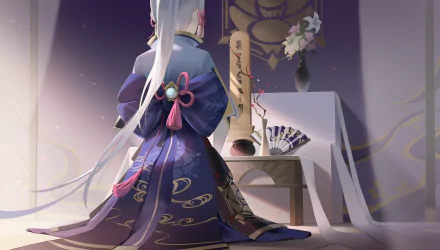 Kamisato Ayaka from Genshin Impact kneels gracefully in a serene room, showcased in an 8K Ultra HD video game wallpaper for PC desktop background.