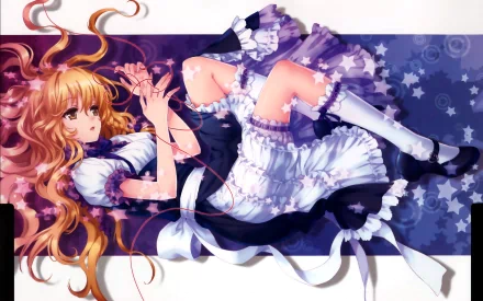 HD anime desktop wallpaper featuring Marisa Kirisame from Touhou, dressed in a detailed maid outfit with flowing golden hair against a starry purple background.
