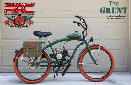 HD desktop wallpaper featuring a vintage-style motorized bicycle with orange tires, saddlebag, and a small engine, blending elements of scooter, motorcycle, and moped design.