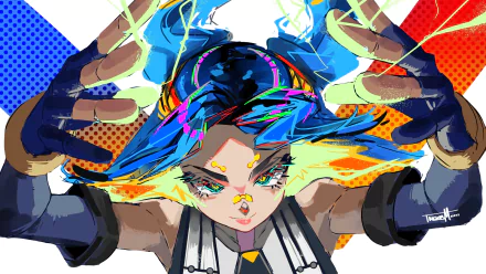 HD PC desktop wallpaper featuring Neon, a dynamic character from the video game Valorant, with vibrant electric blue and orange energy effects.