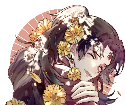 HD PC desktop wallpaper of Yoriichi Tsugikuni from Demon Slayer: Kimetsu no Yaiba — smiling with flowing dark hair and golden flowers against a soft circular patterned background.
