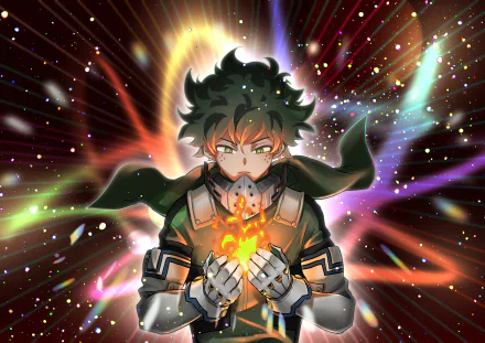 Izuku Midoriya from My Hero Academia is depicted in a dynamic 4K Ultra HD anime wallpaper with vibrant, colorful energy effects surrounding him.