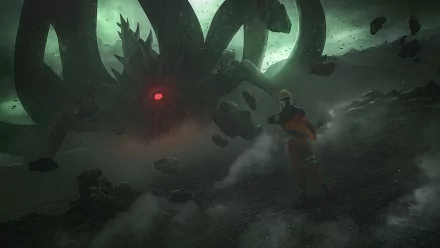 HD anime desktop wallpaper featuring Naruto Uzumaki facing a massive, menacing nine-tailed beast with glowing red eyes in a dark, stormy environment.