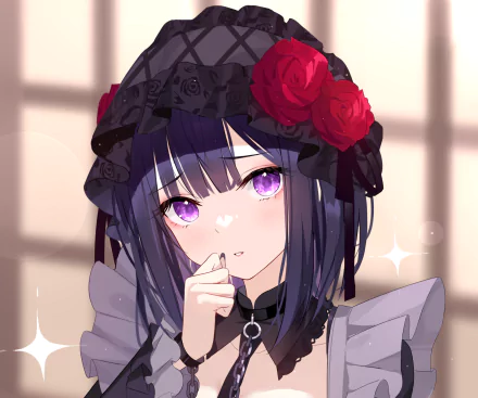 HD anime desktop wallpaper featuring Marin Kitagawa from My Dress-Up Darling, showcasing her with purple eyes, black hair, and a black lace headpiece adorned with red roses.