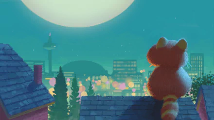 4K Ultra HD desktop wallpaper featuring a scene from the movie Turning Red with a red panda gazing at the full moon over a softly lit cityscape at night.