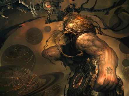 Powerful fantasy god with long flowing hair and intricately tattooed muscular arm, holding a weapon in a cosmic background. HD desktop wallpaper and background image.