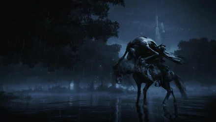 4K Ultra HD Elden Ring PC wallpaper depicting a dark, rainy night scene with a horseback figure in a mysterious, shadowy landscape.
