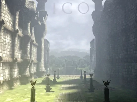 HD PC desktop wallpaper featuring a misty, ancient stone courtyard from the video game Ico, showcasing its atmospheric and ethereal environment.