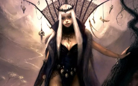 A dark fantasy wallpaper featuring a striking woman adorned with skulls, long white hair, and intricate lace detailing, set against a mystical backdrop.