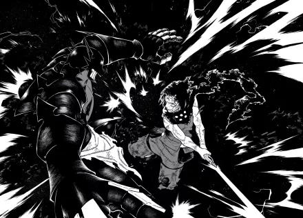 HD PC desktop wallpaper featuring dynamic black-and-white anime action scene from Fire Force, showcasing intense combat with explosive energy effects.