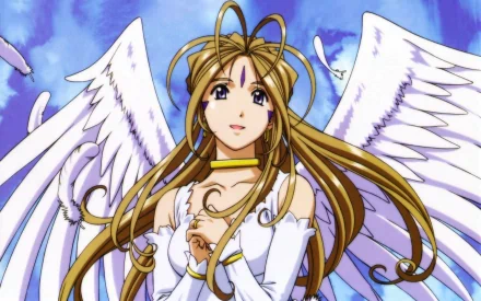 HD anime desktop wallpaper featuring Belldandy from Ah! My Goddess with flowing hair, white wings, and a serene sky background.