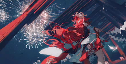 HD desktop wallpaper featuring Yae Miko Guuji from the video game Genshin Impact, with fireworks in the background illuminating the night sky.