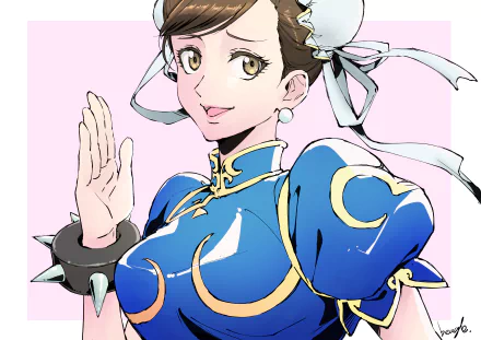 HD PC desktop wallpaper featuring Chun-Li from Street Fighter in her iconic blue outfit, poised with a confident expression against a light pink background.