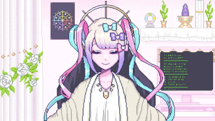 HD PC desktop wallpaper of OMGkawaiiAngel-chan from video game NEEDY GIRL OVERDOSE — pastel-haired, headset-wearing angelic girl with closed eyes in a cozy pastel room beside a computer monitor.