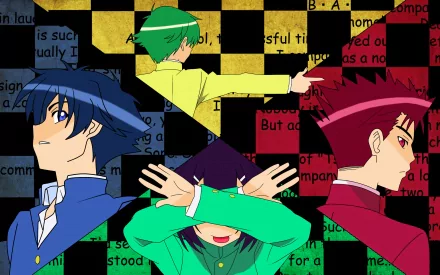 HD anime desktop wallpaper featuring characters from Baka and Test with a vibrant checkered background in black, yellow, red, green, and purple tones.
