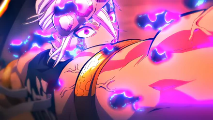 HD PC desktop wallpaper featuring Tengen Uzui from the anime Demon Slayer: Kimetsu no Yaiba, showcasing vibrant colors and dynamic energy effects.