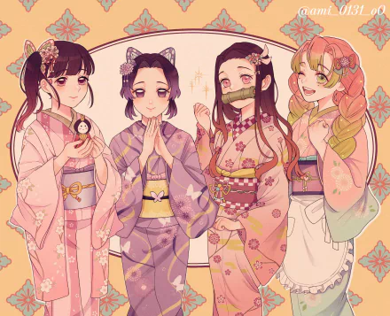 HD desktop wallpaper featuring Kanao Tsuyuri, Shinobu Kochou, Mitsuri Kanroji, and Nezuko Kamado from the anime Demon Slayer: Kimetsu no Yaiba in traditional attire.