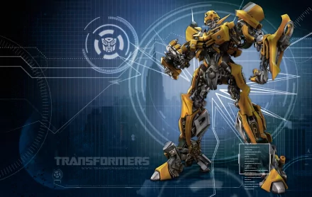 HD desktop wallpaper featuring Bumblebee from the Transformers movie, with a futuristic background and the Transformers logo.