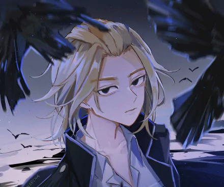 HD PC desktop wallpaper featuring Mikey Manjiro Sano from Tokyo Revengers with a moody expression, surrounded by dark birds against a twilight sky.
