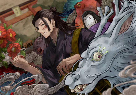 Suguru Geto from Jujutsu Kaisen, poised among masks, spirits and blooming flowers — detailed anime 2K Quad HD PC desktop wallpaper and background.