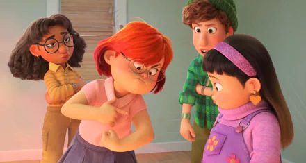 Movie Turning Red — HD PC Desktop Wallpaper and Background: animated teens in a bedroom; red-haired girl angrily pokes her chest while three friends watch.
