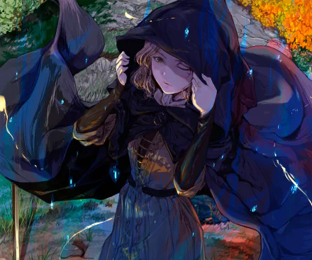 A striking HD wallpaper featuring Melina from the video game Elden Ring, showcasing her in a dark cloak against a vibrant, otherworldly background.