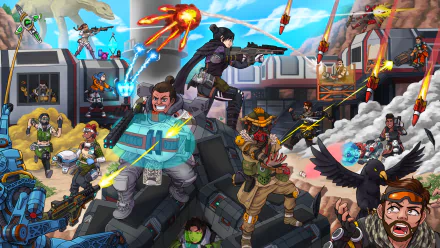 Apex Legends video game action scene: diverse squad fights on a futuristic map with explosions, abilities and weapons — 2K Quad HD PC desktop wallpaper and background.