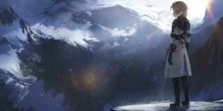 HD PC desktop wallpaper featuring Albedo from Genshin Impact standing on a cliff overlooking a vast, snow-covered mountainous landscape.