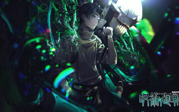 HD PC desktop wallpaper featuring Yuta Okkotsu from the anime Jujutsu Kaisen, depicted with dark, glowing green energy and a menacing spirit behind him.