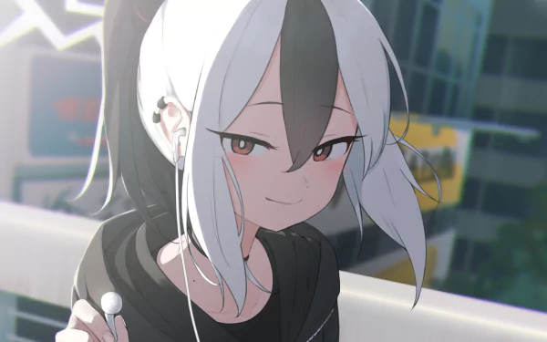 HD PC desktop wallpaper featuring Onikata Kayoko from the video game Blue Archive, showcasing her white and black hair and confident expression in an urban setting.