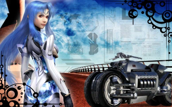 HD PC desktop wallpaper and background: Kos-Mos, a blue-haired fantasy woman in sleek armor beside a futuristic vehicle on a tech-laced, surreal landscape.