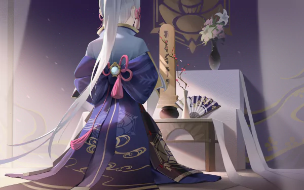 Kamisato Ayaka from Genshin Impact kneels gracefully in a serene room, showcased in an 8K Ultra HD video game wallpaper for PC desktop background.