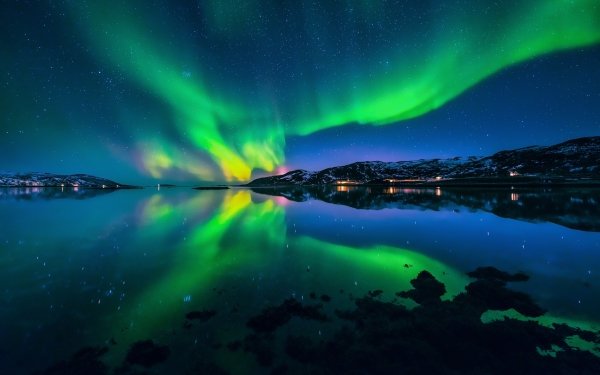 Nature Aurora Borealis Reflection Fjord Night Starry Sky HD Wallpaper | Background Image