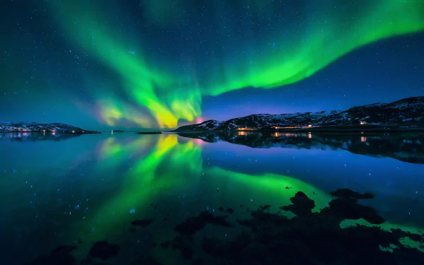 starry sky night fjord reflection nature aurora borealis HD Desktop Wallpaper | Background Image