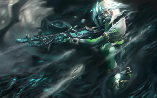 Viper (Valorant) in dynamic pose amid swirling green toxic mist, stylized HD PC desktop wallpaper/background featuring the video game agent's masked, armored silhouette.