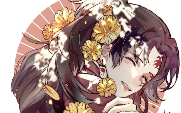 HD PC desktop wallpaper of Yoriichi Tsugikuni from Demon Slayer: Kimetsu no Yaiba — smiling with flowing dark hair and golden flowers against a soft circular patterned background.