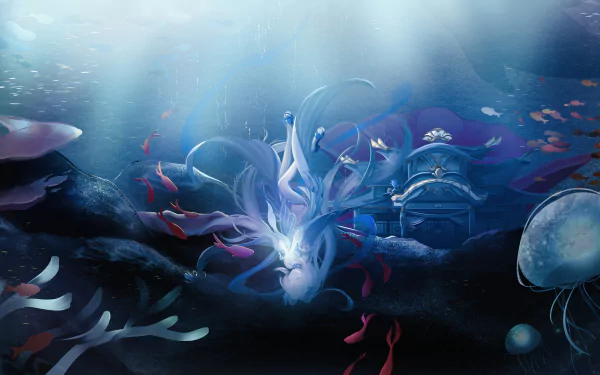 4K Ultra HD PC desktop wallpaper featuring Sangonomiya Kokomi from the video game Genshin Impact, depicted gracefully underwater surrounded by marine life.